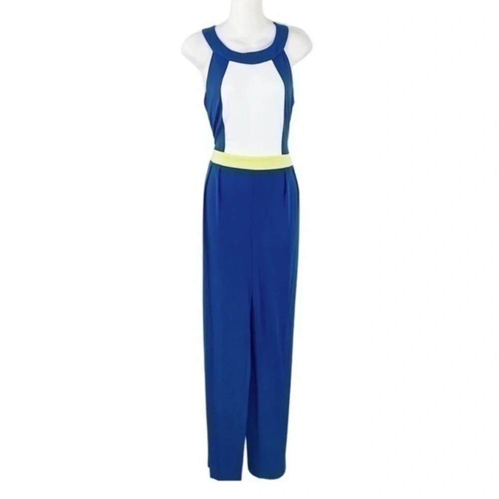 Vince Camuto blue white neon green color block jersey jumpsuit MM2